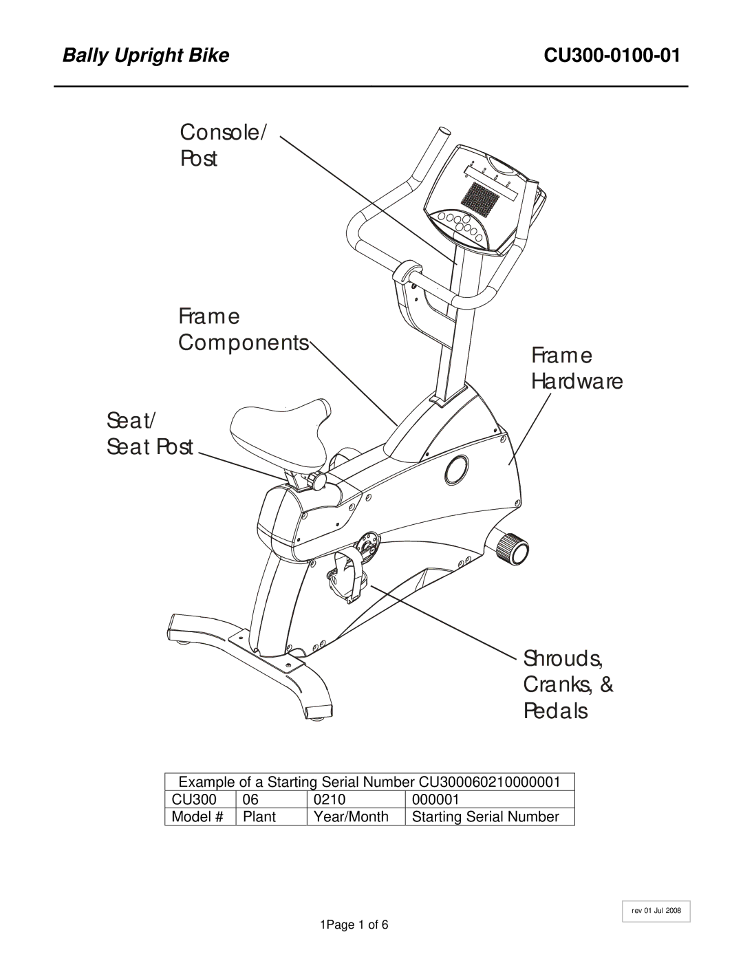 Life Fitness manual Bally Upright Bike CU300-0100-01 