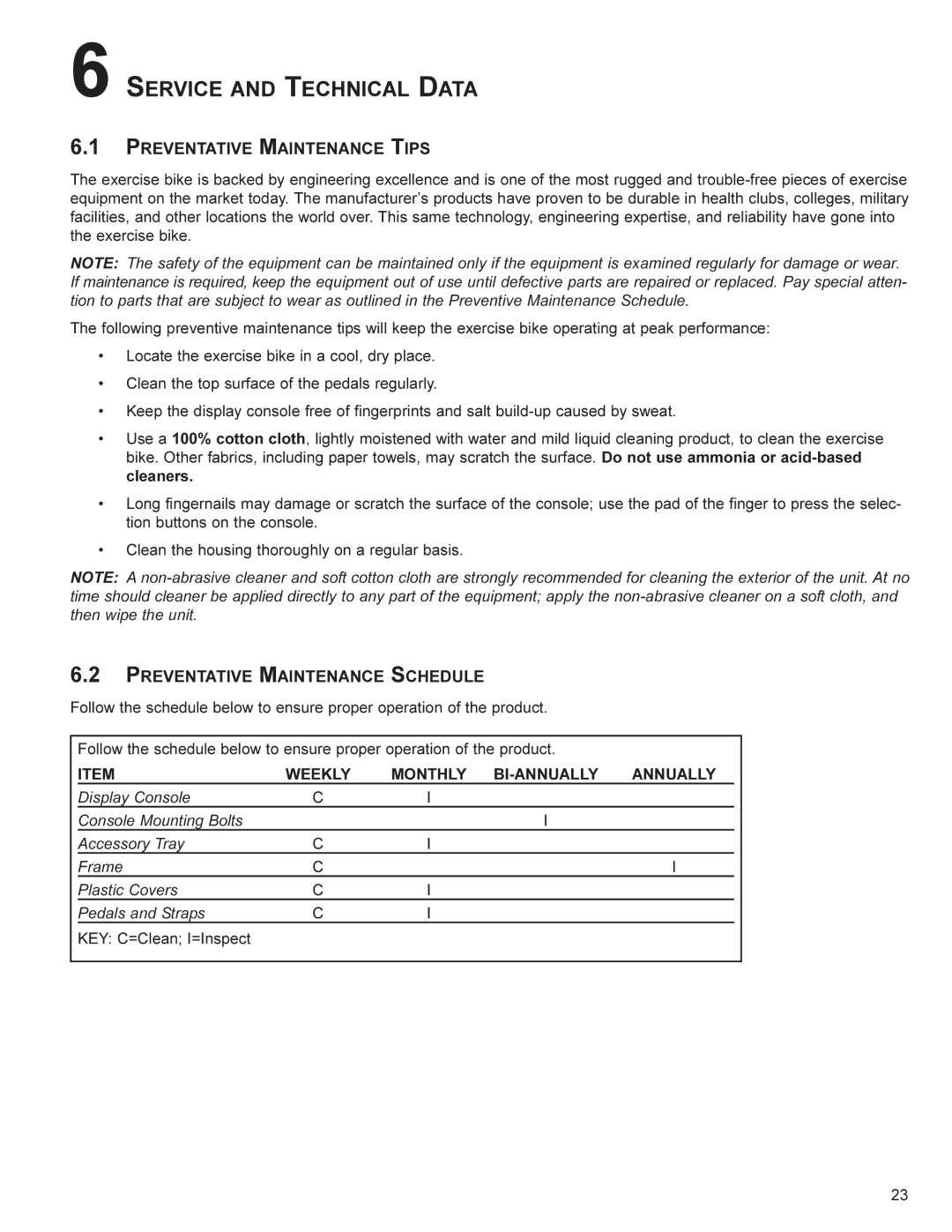 Life Fitness CU300, CR300 Service and Technical Data, Preventative Maintenance Tips, Preventative Maintenance Schedule 