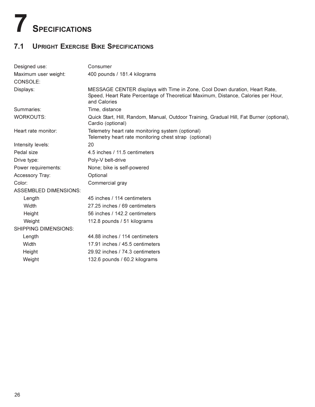 Life Fitness CR300, CU300 user manual Upright Exercise Bike Specifications 