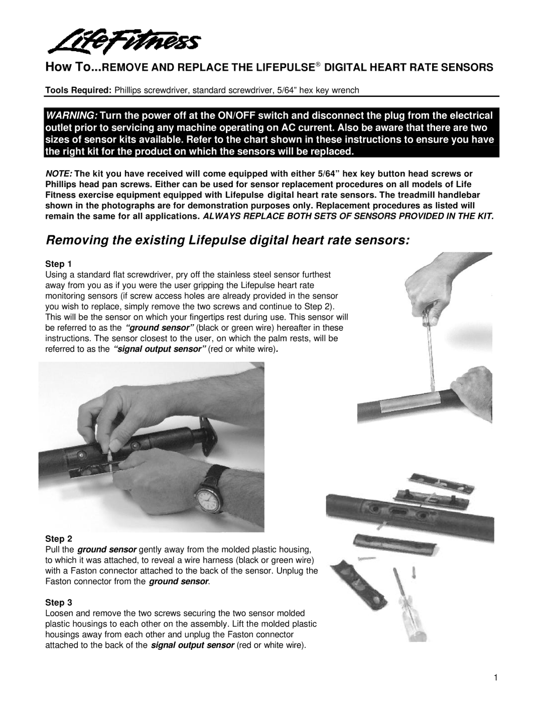 Life Fitness Digital Heart Rate Sensors manual Removing the existing Lifepulse digital heart rate sensors, Step 