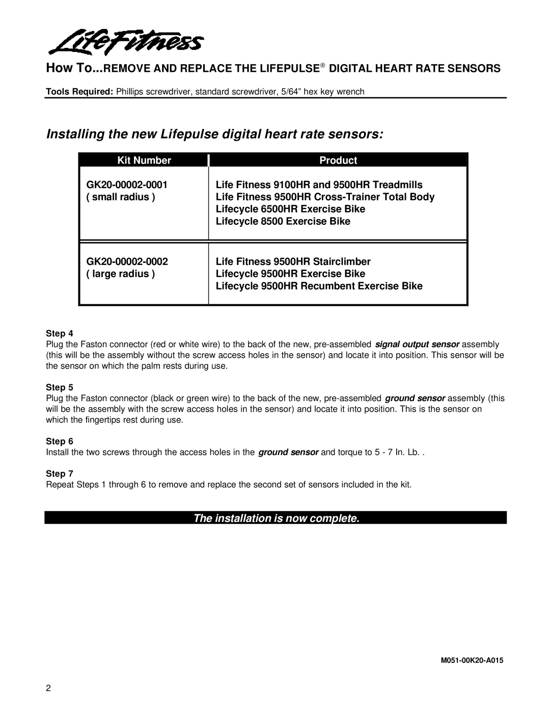 Life Fitness Digital Heart Rate Sensors manual Installing the new Lifepulse digital heart rate sensors, Kit Number, Product 