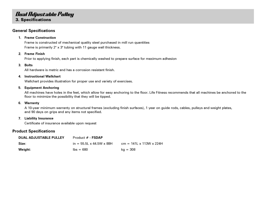 Life Fitness Dual Adjustable Pulley owner manual Specifications General Specifications, Product Specifications 