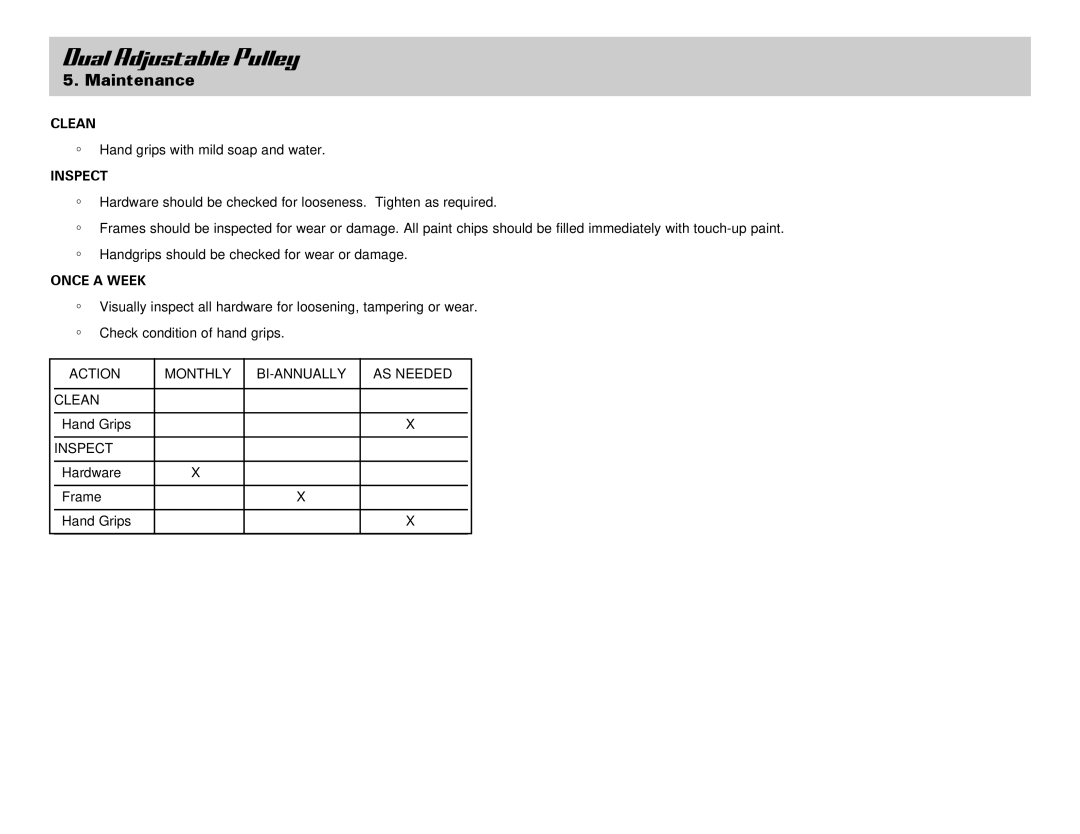 Life Fitness Dual Adjustable Pulley owner manual Maintenance, Clean, Inspect, Once a Week 
