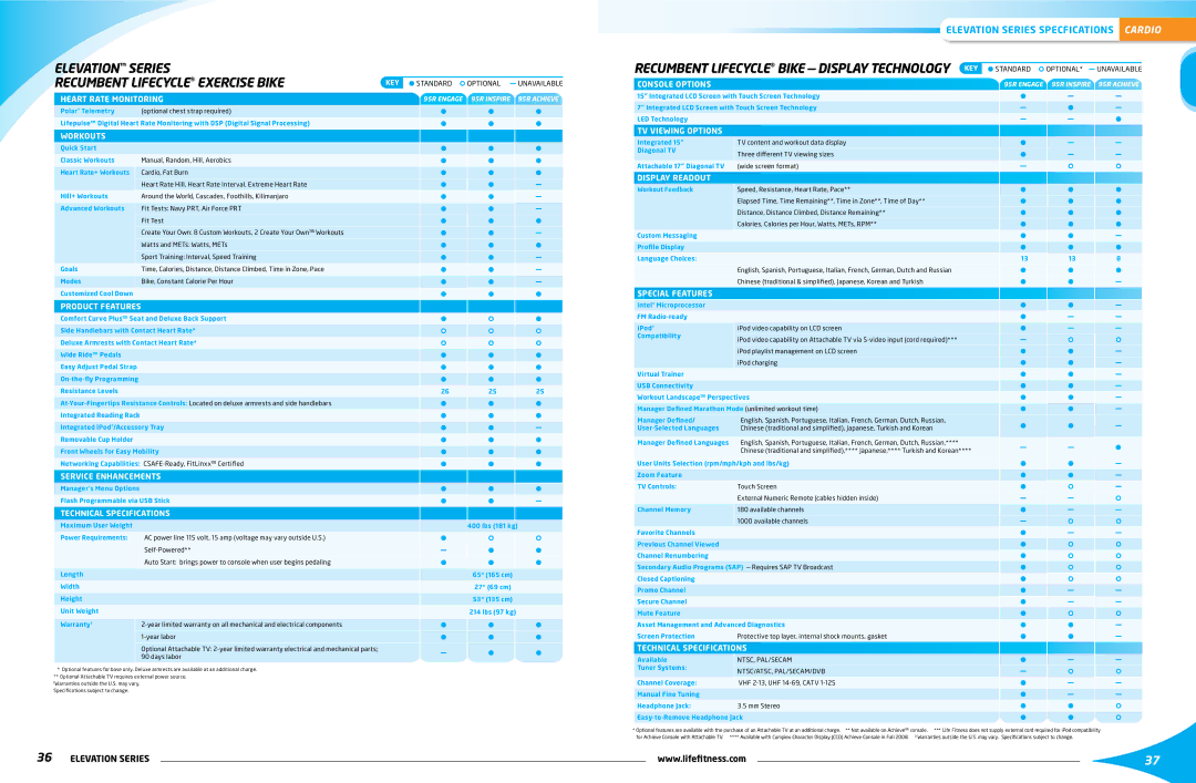 Life Fitness Elevation Series Recumbent lifecycle bike display technology key, Power Requirements, Width 27 69 cm Height 