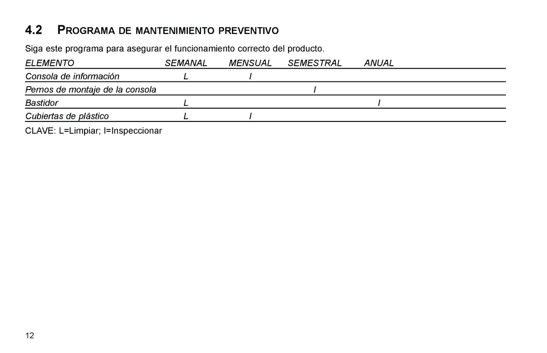 Life Fitness Elliptical Trainer manual Programa DE Mantenimiento Preventivo, Elemento Semanal Mensual Semestral Anual 