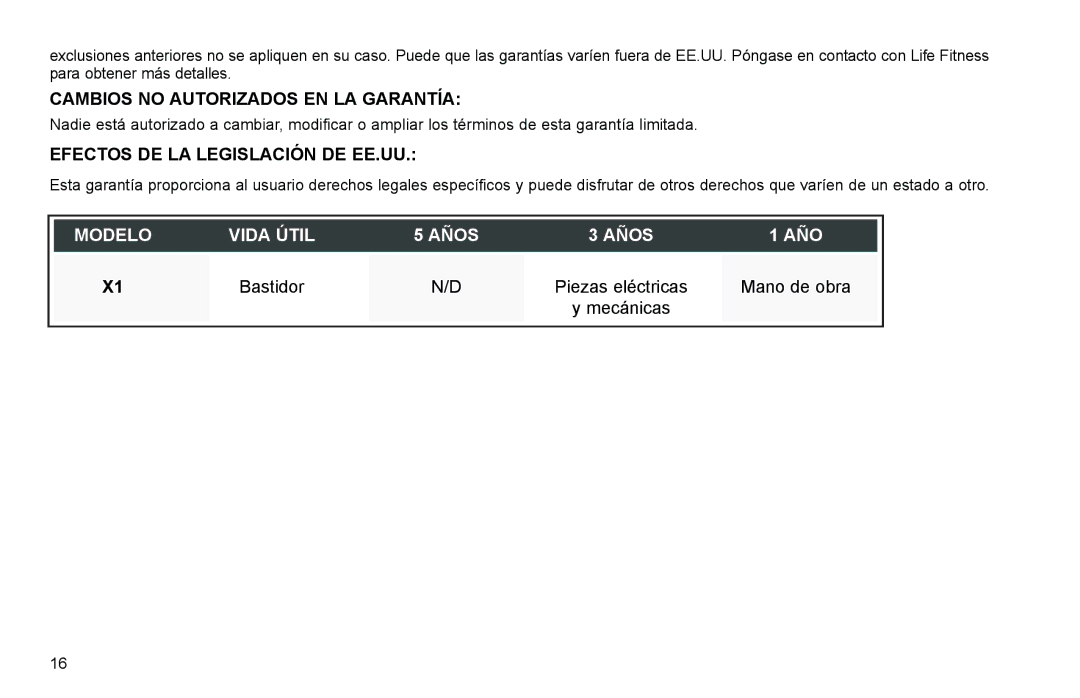 Life Fitness Elliptical Trainer manual Modelo Vida Útil Años AÑO 