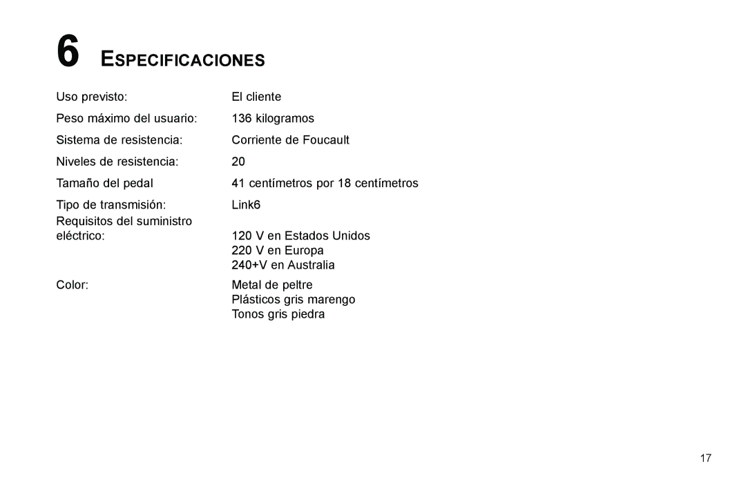 Life Fitness Elliptical Trainer manual Especificaciones 