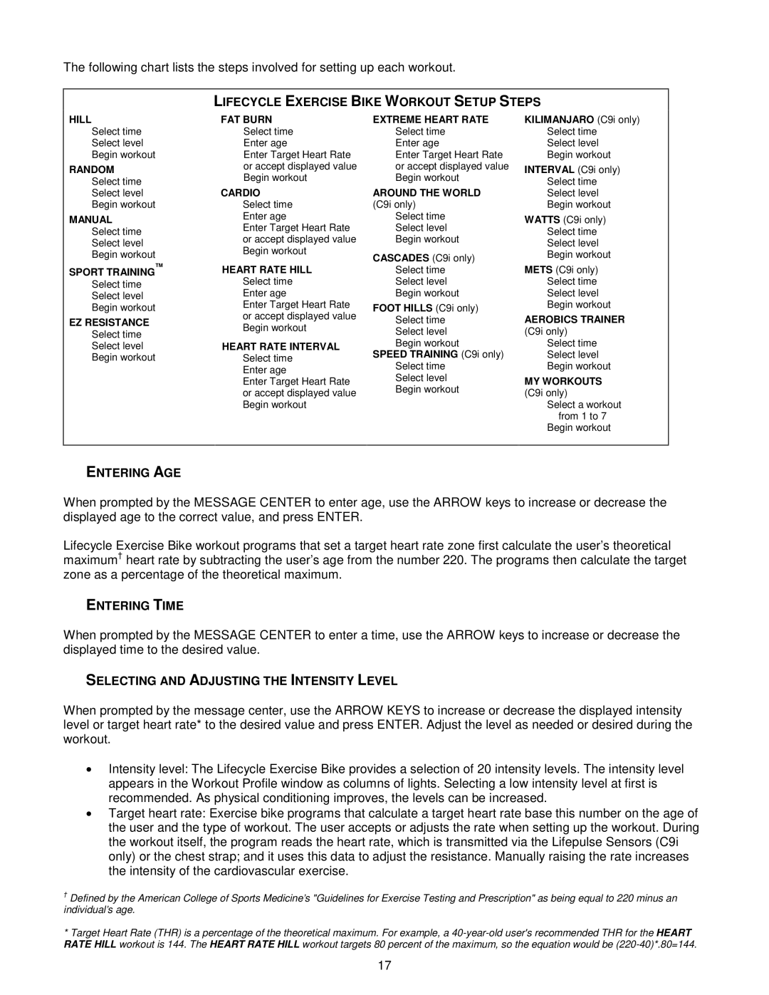 Life Fitness manual Lifecycle Exercise Bike Workout Setup Steps, Entering AGE, Entering Time 