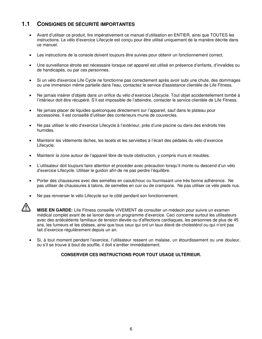 Life Fitness Exercise Bike manual Consignes DE Sécurité Importantes, Conserver CES Instructions Pour Tout Usage Ultérieur 