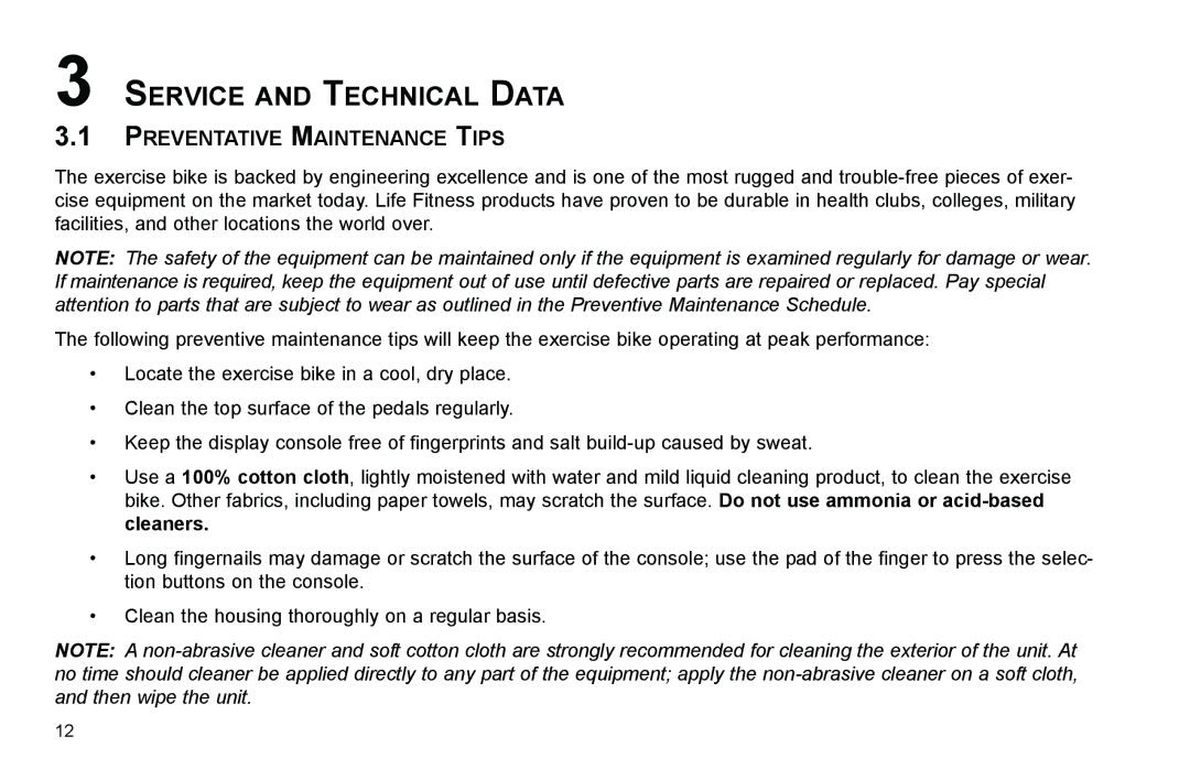 Life Fitness exercise bikes user manual Service and Technical Data, Preventative Maintenance Tips 