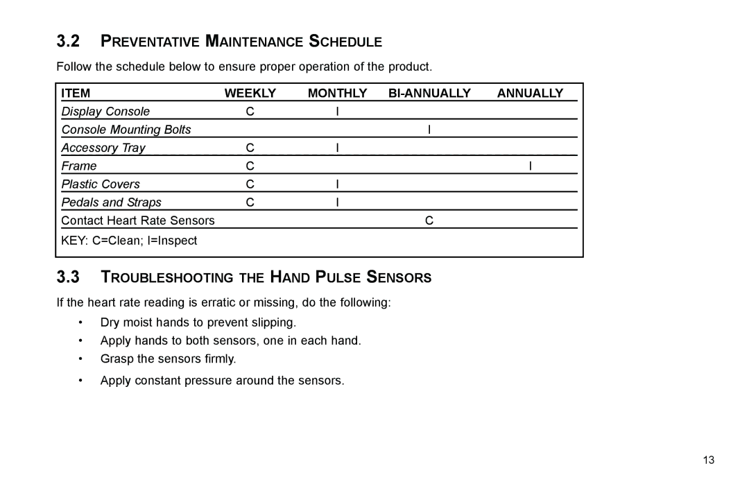 Life Fitness exercise bikes user manual Preventative Maintenance Schedule, Troubleshooting the Hand Pulse Sensors 