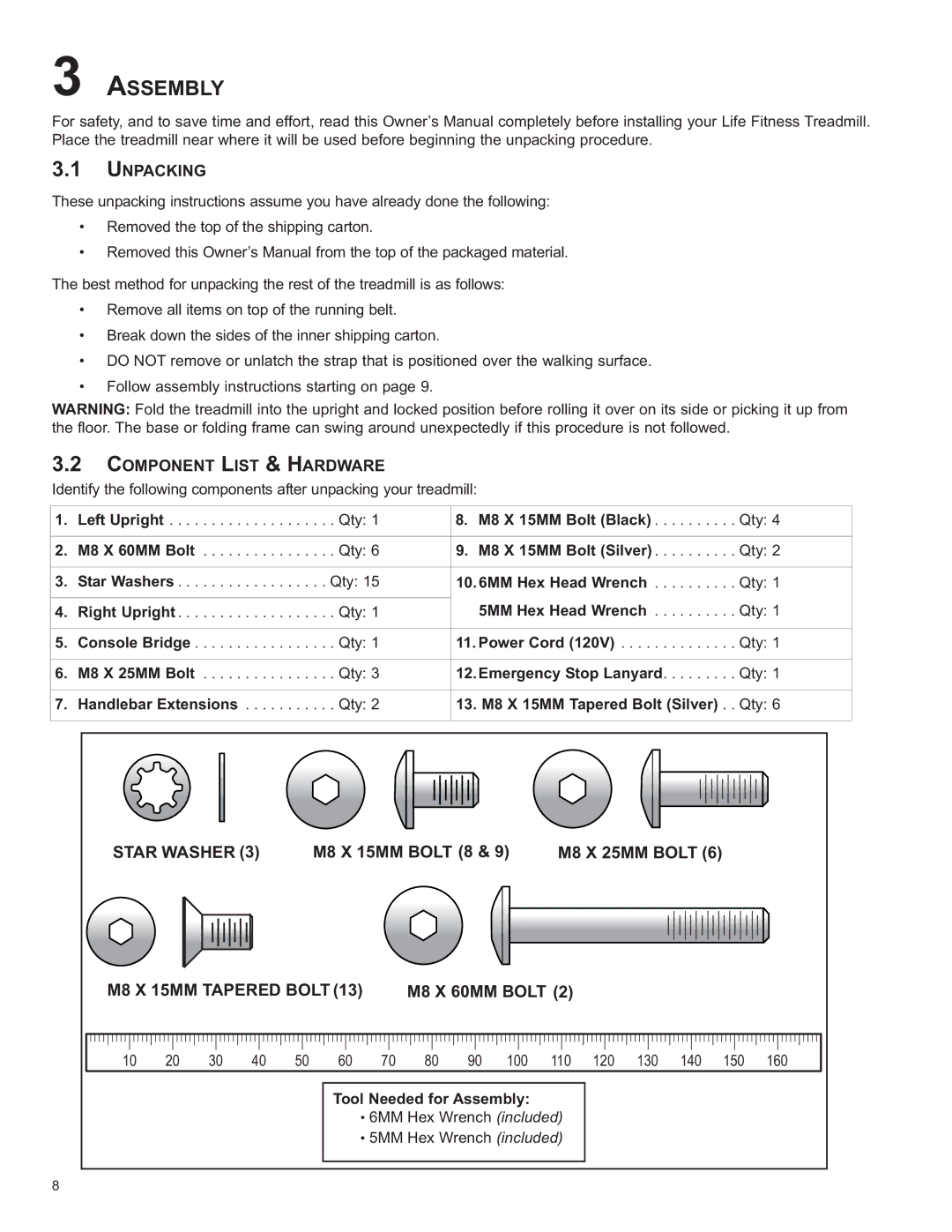 Life Fitness F3, 8972801 REV B-3 Assembly, Unpacking, Component List & Hardware, Star Washer, M8 X 15MM Tapered Bolt 