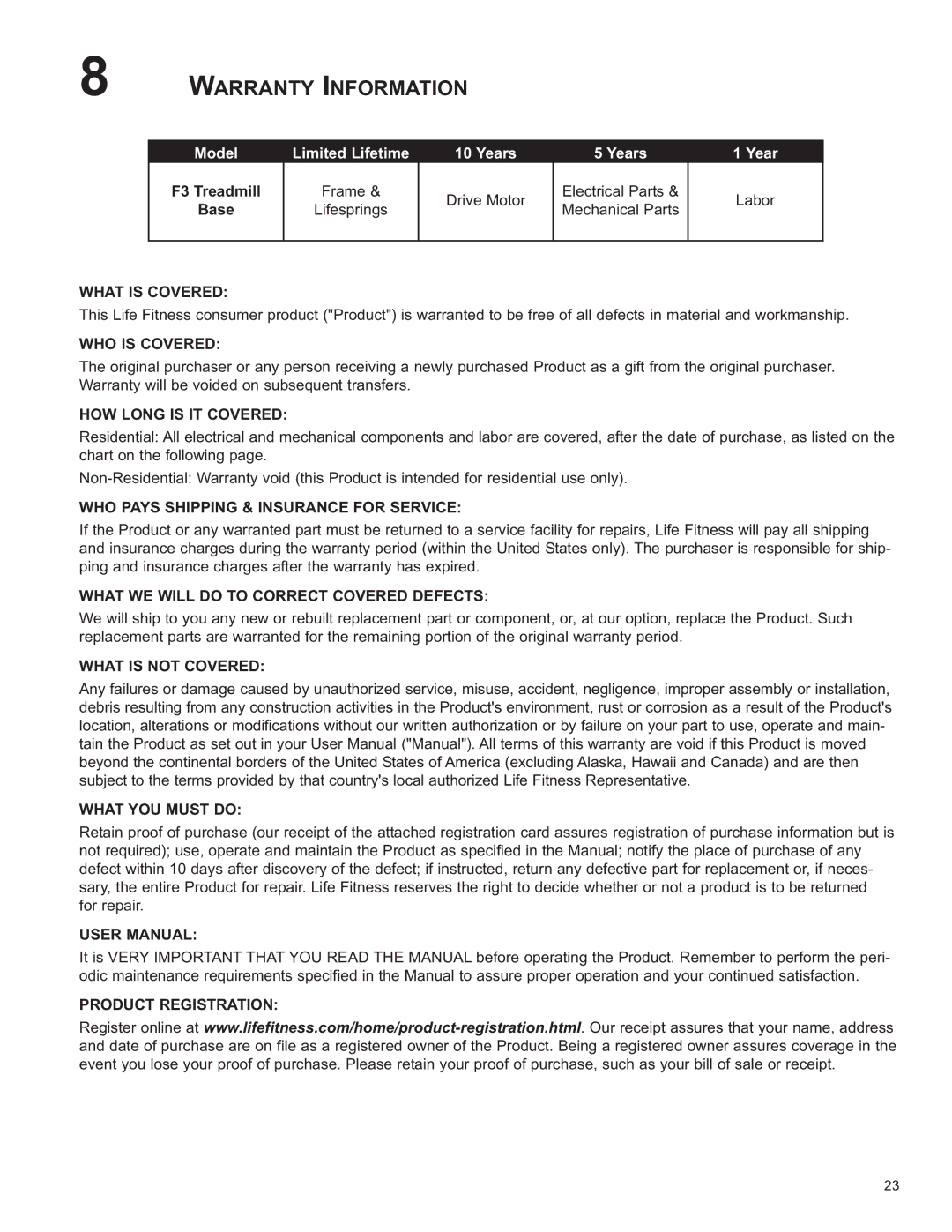 Life Fitness 8972801 REV B-3, F3 owner manual Warranty Information, What is Covered 