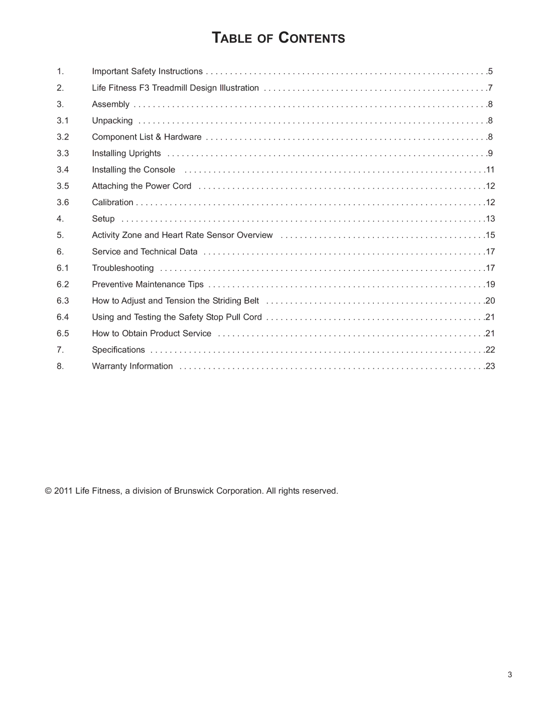 Life Fitness 8972801 REV B-3, F3 owner manual Table of Contents 