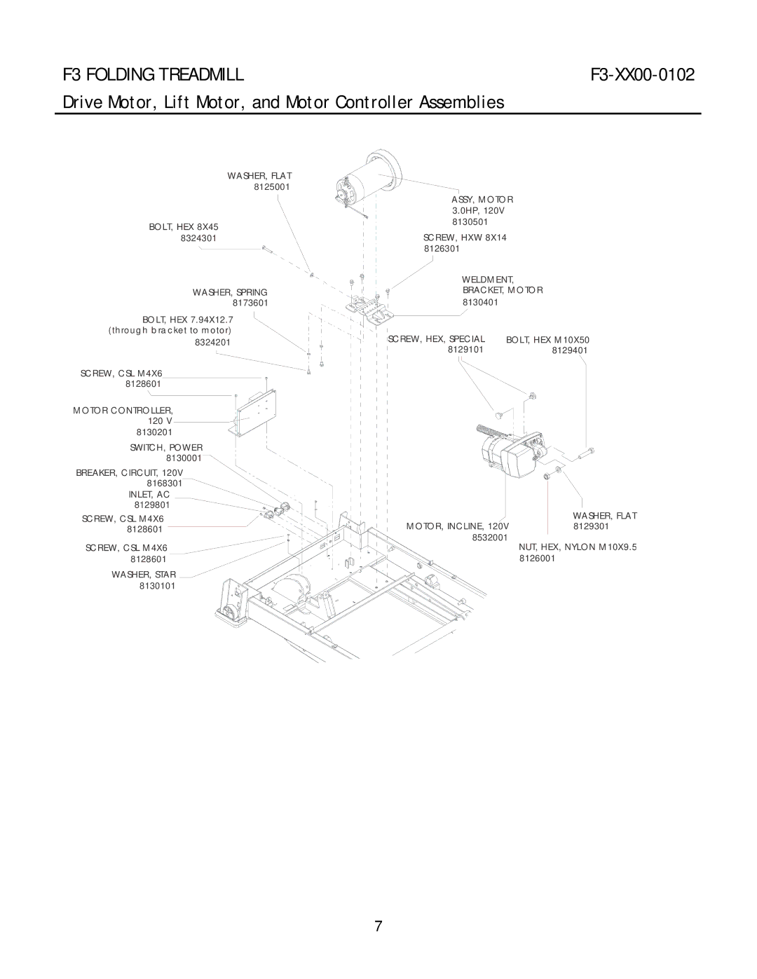 Life Fitness F3-XX00-0102 manual Drive Motor, Lift Motor, and Motor Controller Assemblies, SWITCH, Power 