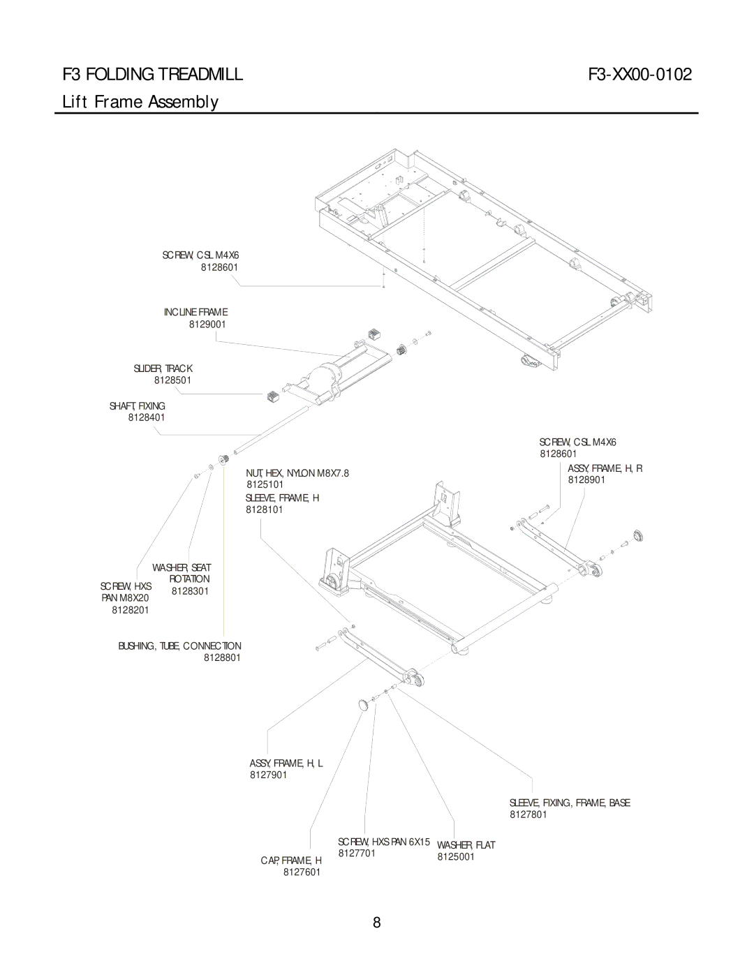 Life Fitness F3-XX00-0102 manual Lift Frame Assembly, BUSHING, TUBE, Connection 