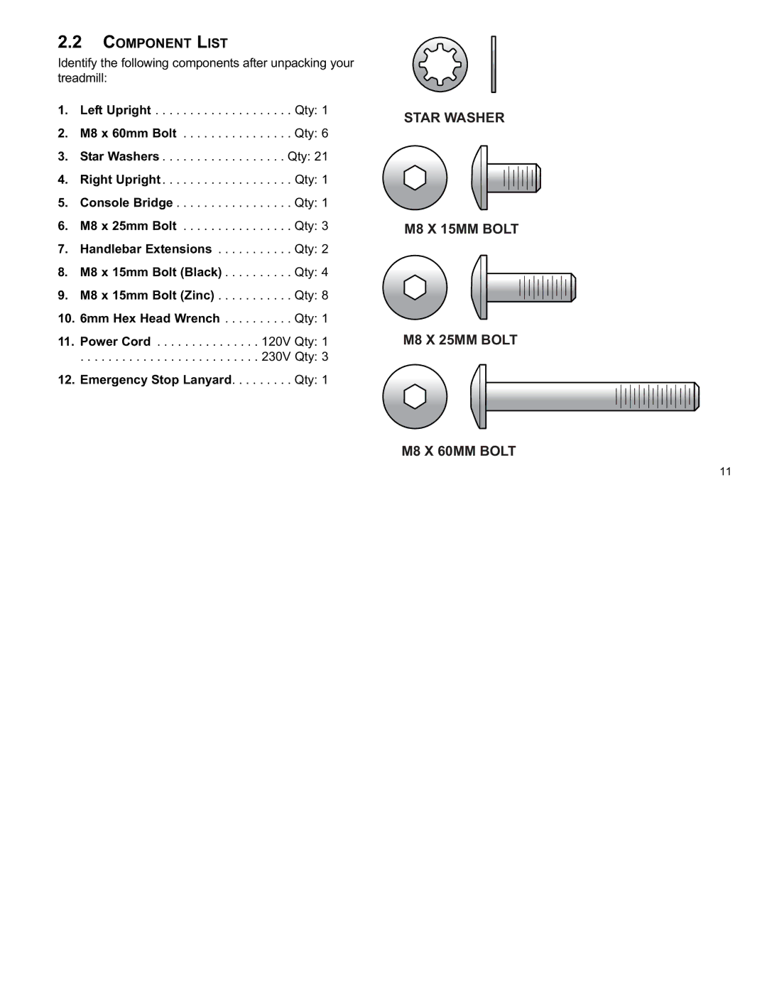 Life Fitness F3 user manual Component List, M8 x 15mm Bolt Black . . . . . . . . . . Qty 