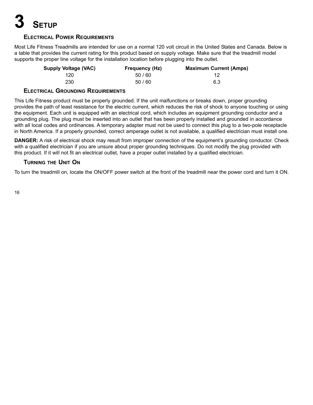 Life Fitness F3 user manual Setup, Frequency Hz Maximum Current Amps 