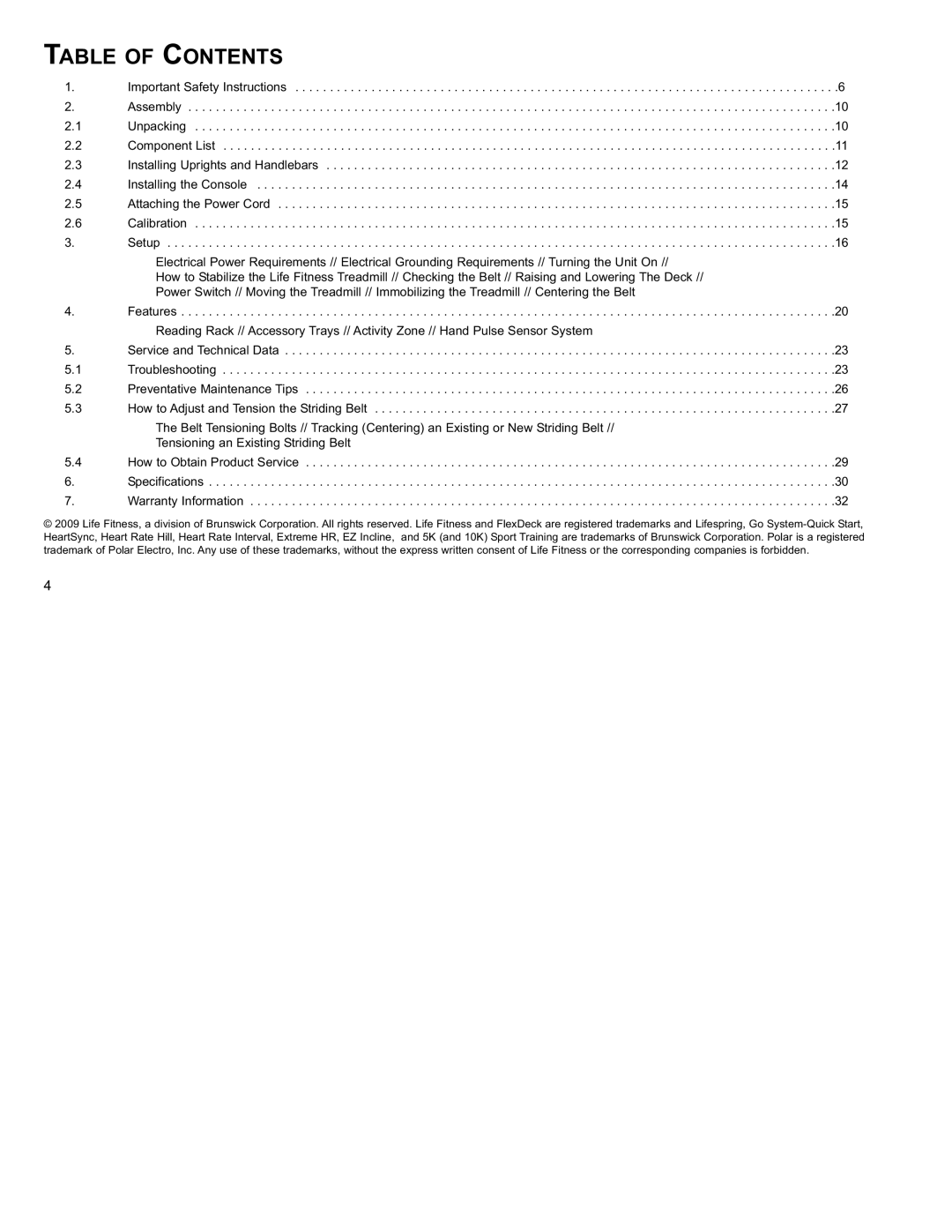 Life Fitness F3 user manual Table of Contents 