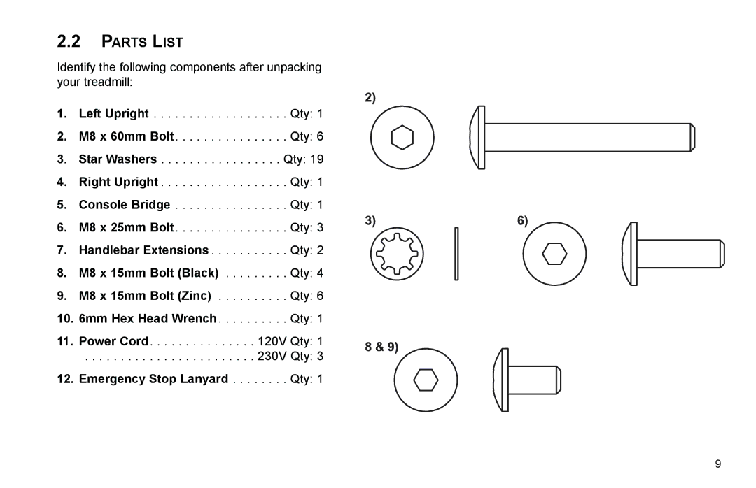 Life Fitness F3 user manual Parts List, M8 x 15mm Bolt Black . . . . . . . . . Qty 