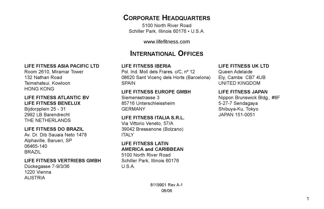 Life Fitness F3 user manual Corporate Headquarters, International Offices 