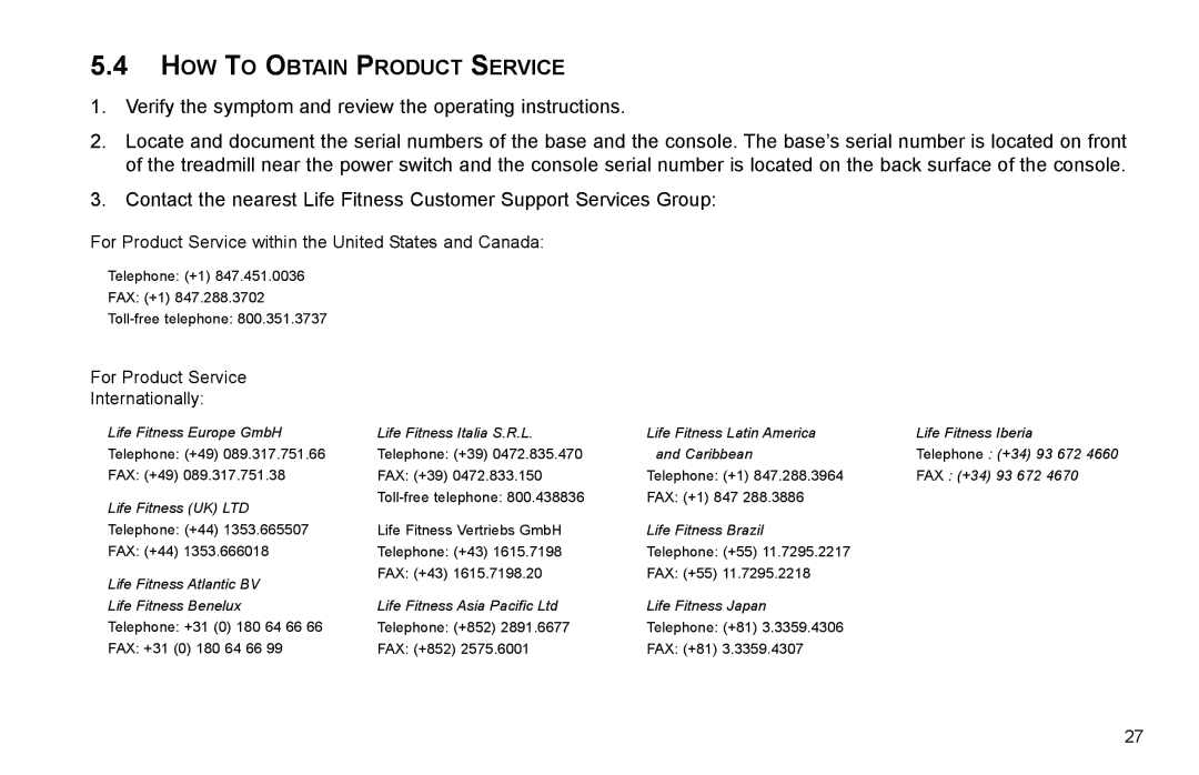 Life Fitness F3 user manual HOW to Obtain Product Service, For Product Service Internationally 