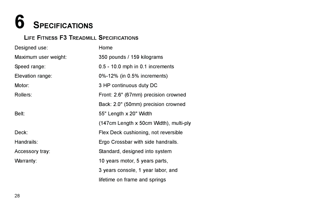 Life Fitness F3 user manual Specifications 