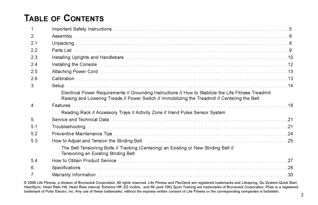 Life Fitness F3 user manual Table of Contents 