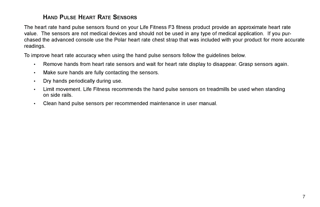 Life Fitness F3 user manual Hand Pulse Heart Rate Sensors 