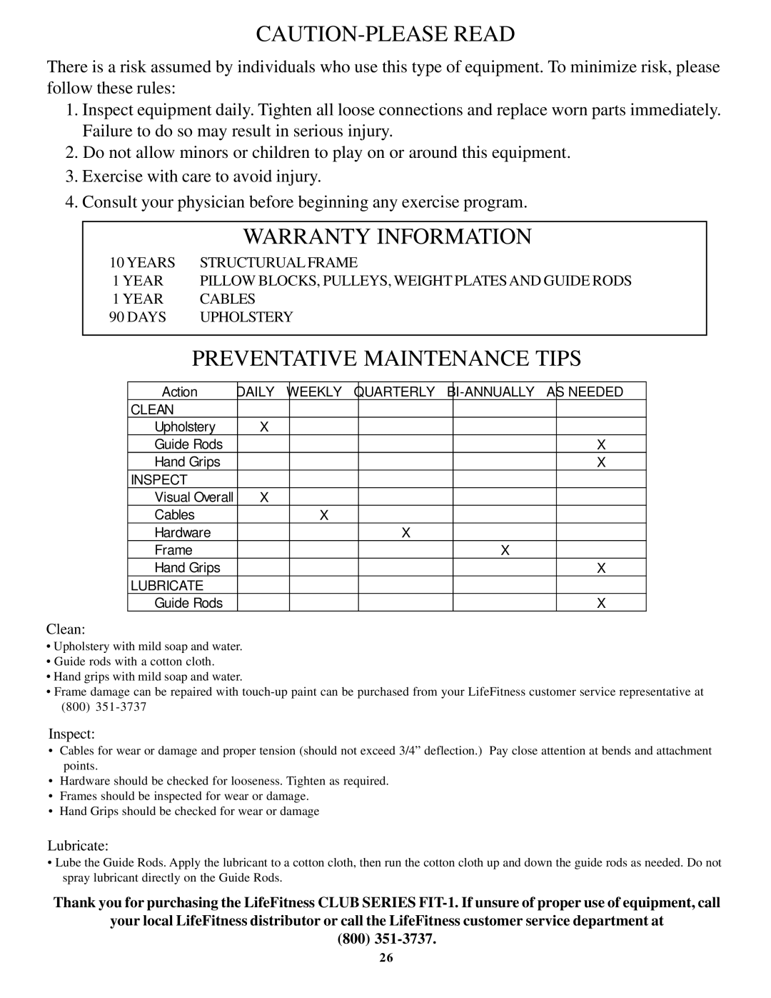 Life Fitness Fit-1 manual Warranty Information 