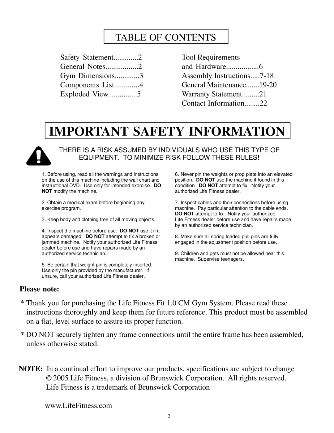 Life Fitness FIT 1.0 CM manual Important Safety Information 