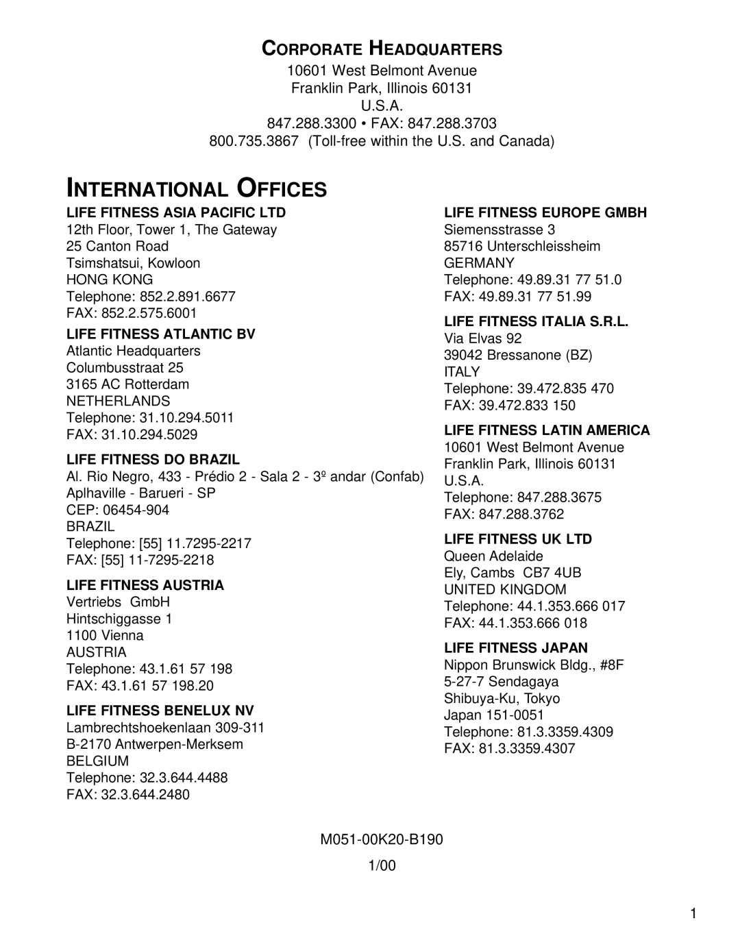 Life Fitness Fitness Electronics manual International Offices, Corporate Headquarters 