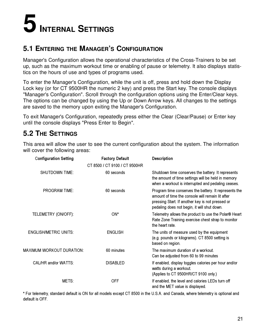 Life Fitness Fitness Electronics manual Internal Settings, Entering the MANAGER’S Configuration 