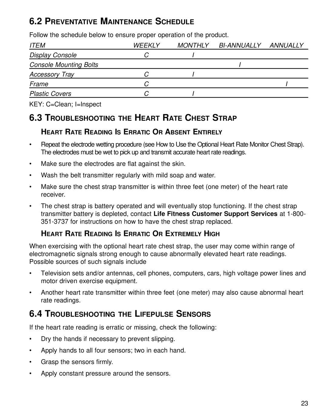 Life Fitness Fitness Electronics manual Preventative Maintenance Schedule, Troubleshooting the Heart Rate Chest Strap 