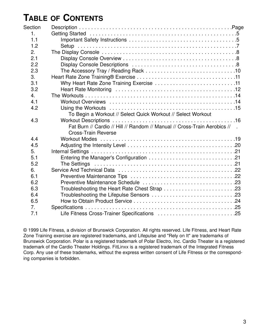 Life Fitness Fitness Electronics manual Table of Contents 