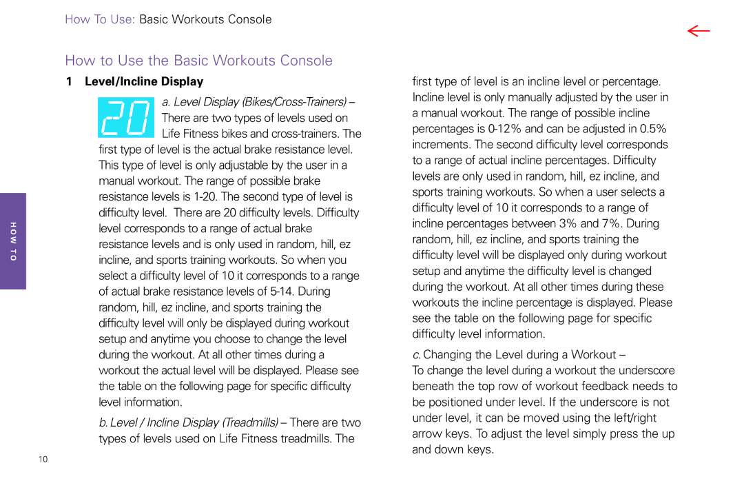 Life Fitness FPO manual How to Use the Basic Workouts Console, Level/Incline Display 