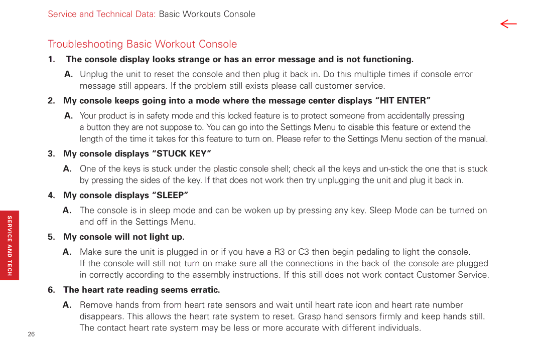 Life Fitness FPO manual Troubleshooting Basic Workout Console, My console displays Stuck KEY, My console displays Sleep 