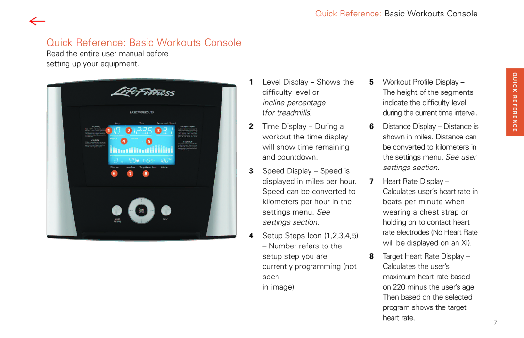 Life Fitness FPO manual Quick Reference Basic Workouts Console 