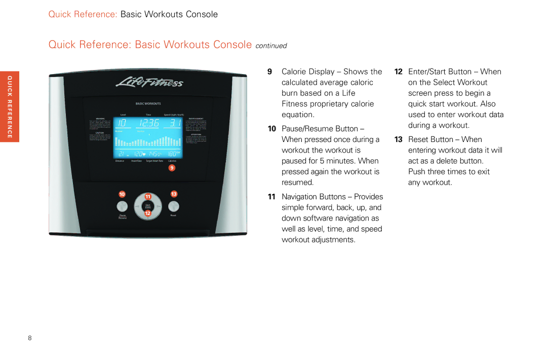 Life Fitness FPO manual Quick Reference Basic Workouts Console 