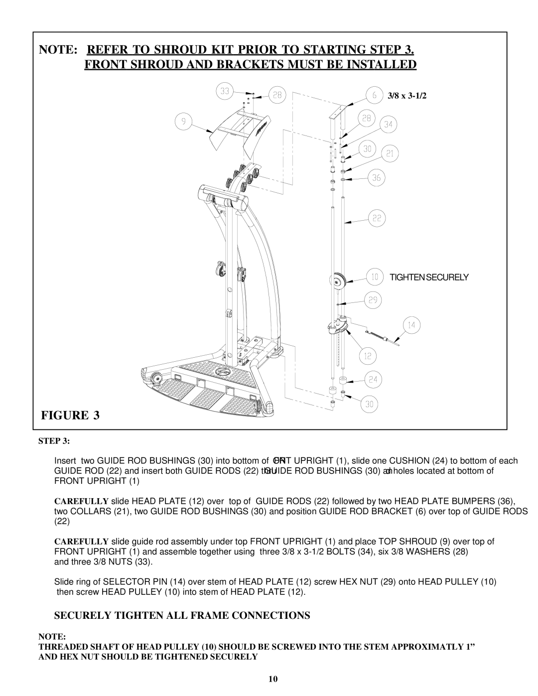 Life Fitness FSFCM1-0102-001 manual ‰ Securely Tighten ALL Frame Connections 