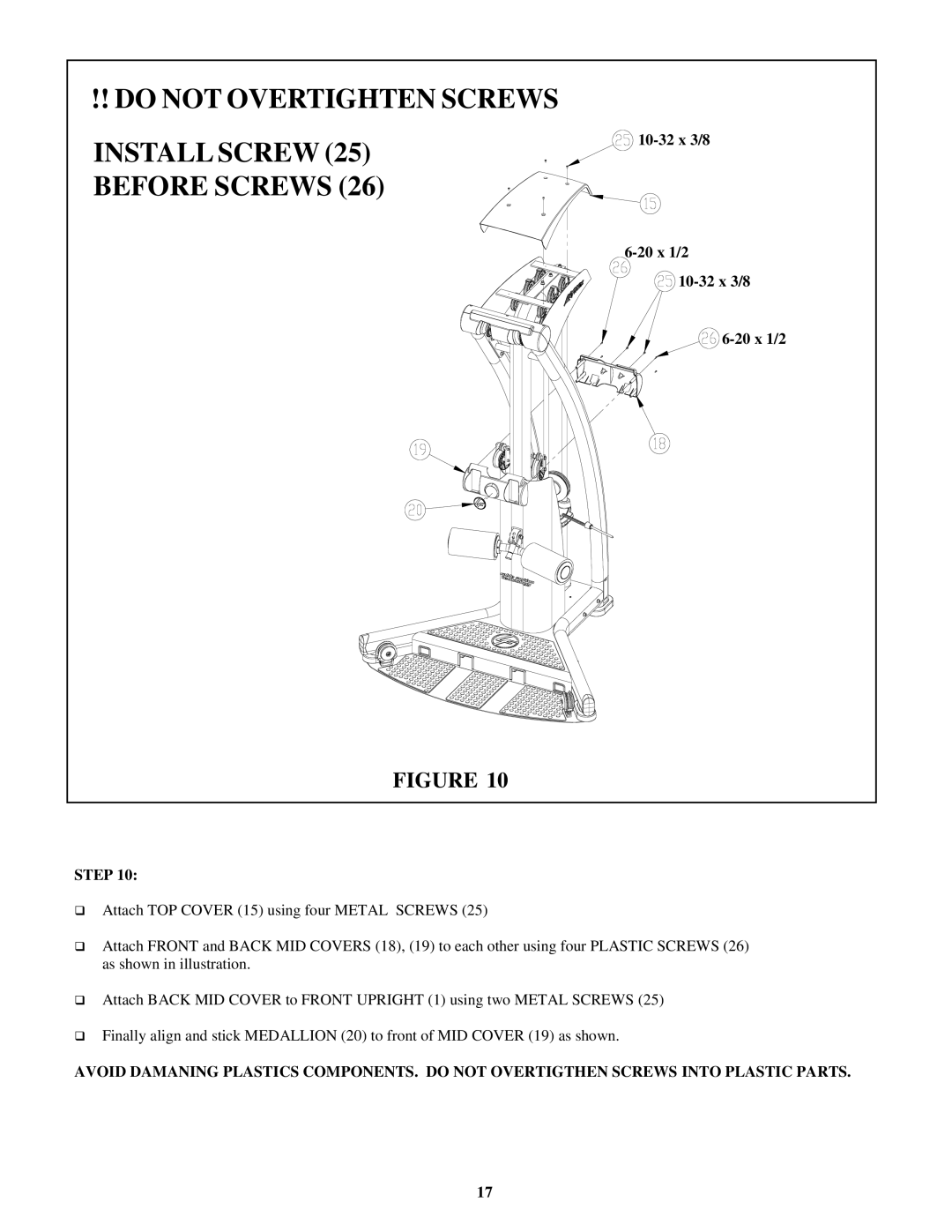 Life Fitness FSFCM1-0102-001 manual Do not Overtighten Screws Install Screw 