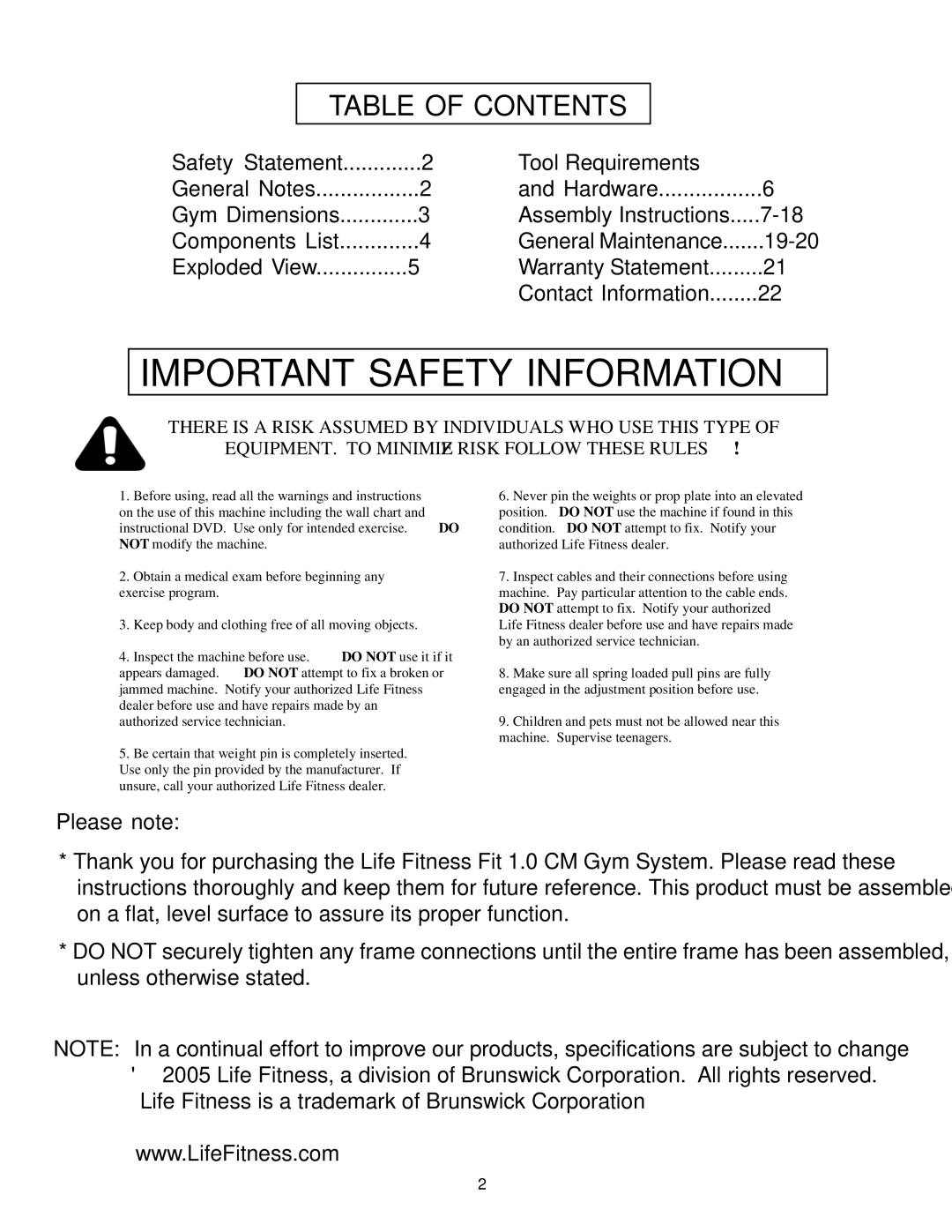 Life Fitness FSFCM1-0102-001 manual Important Safety Information 