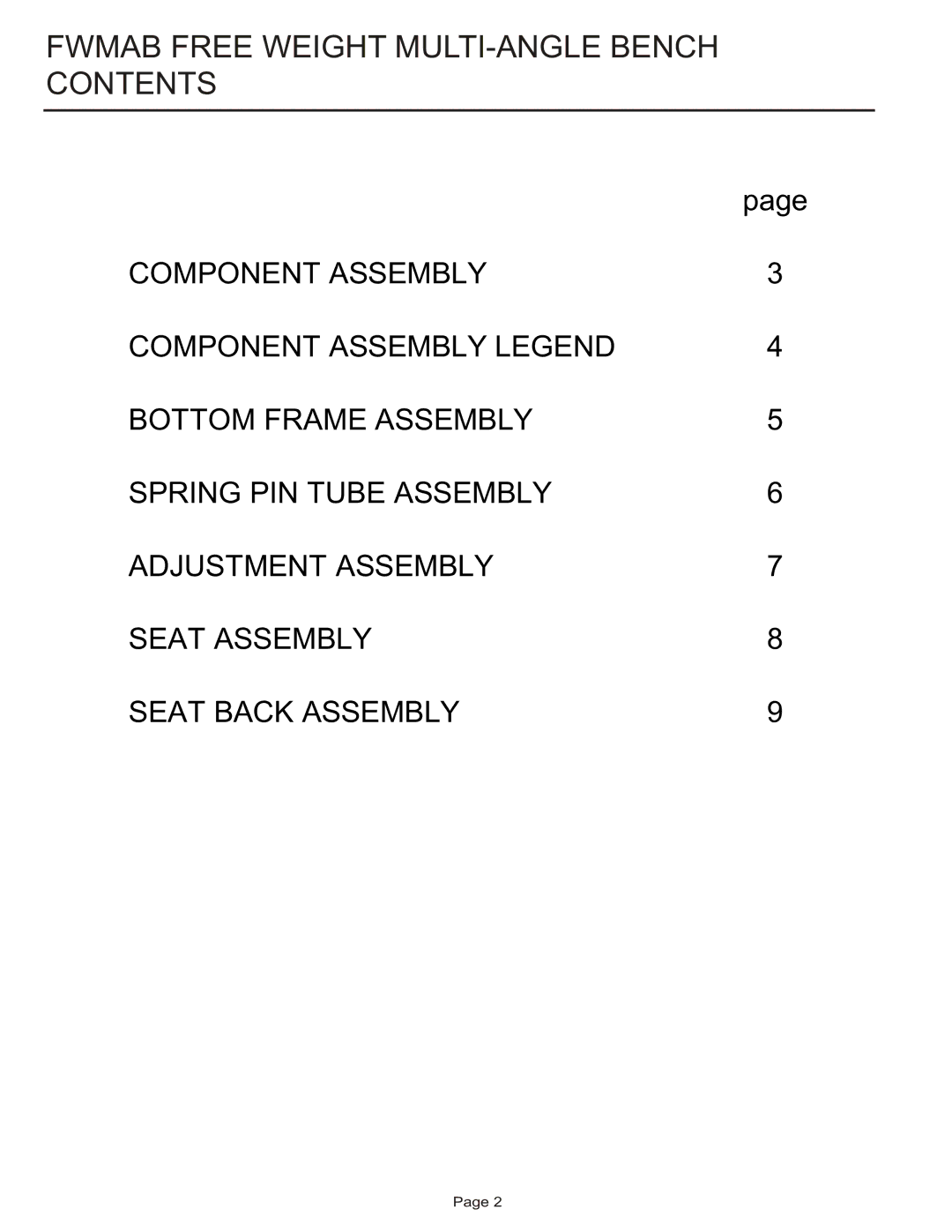 Life Fitness FWMAB manual Fwmab Free Weight MULTI-ANGLE Bench Contents 