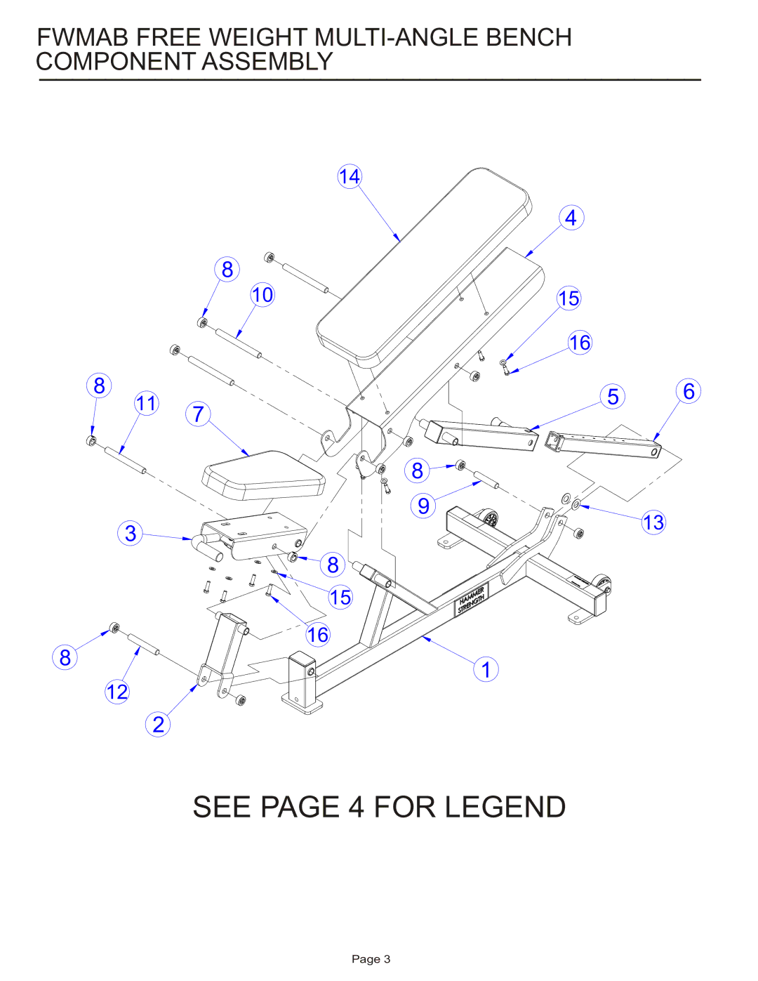 Life Fitness FWMAB manual See page 4 for Legend, Fwmab Free Weight MULTI-ANGLE Bench Component Assembly 