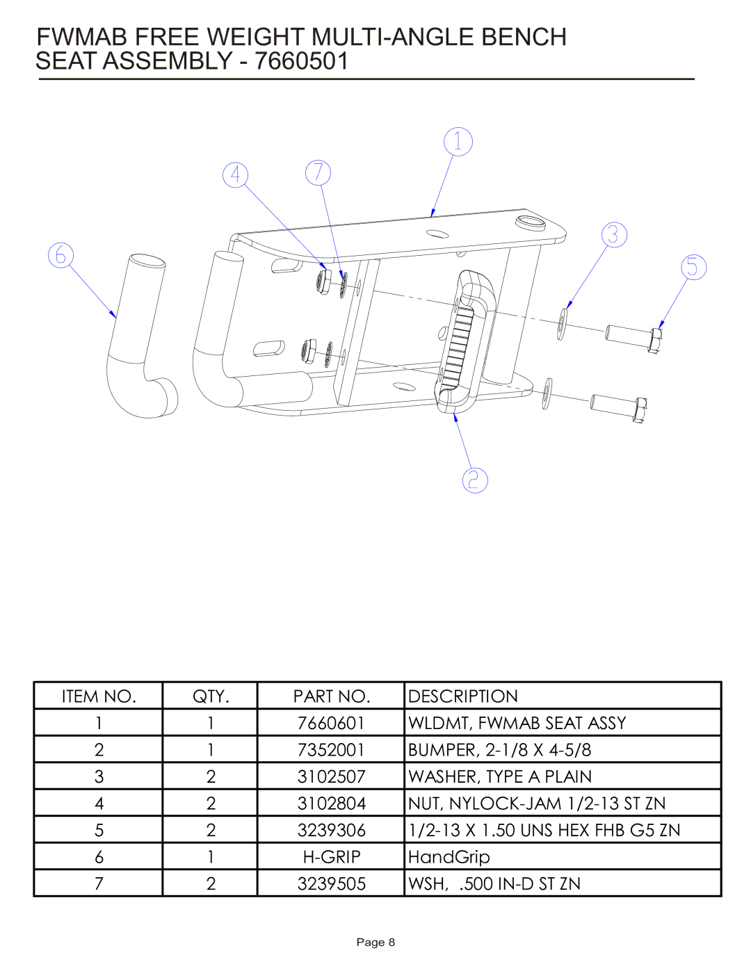 Life Fitness FWMAB manual Fwmab Free Weight MULTI-ANGLE Bench Seat Assembly 