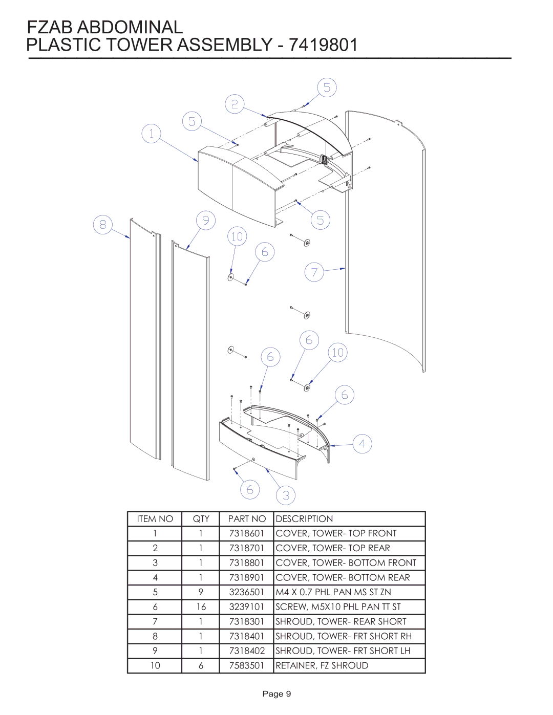 Life Fitness FZAB manual Fzab Abdominal Plastic Tower Assembly 