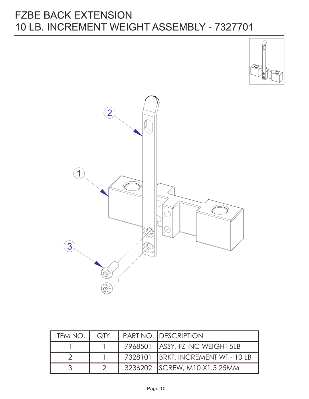 Life Fitness FZBE manual Fzbe Back Extension 10 LB. Increment Weight Assembly 