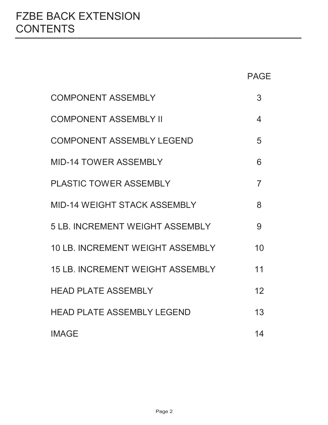 Life Fitness FZBE manual Fzbe Back Extension Contents 