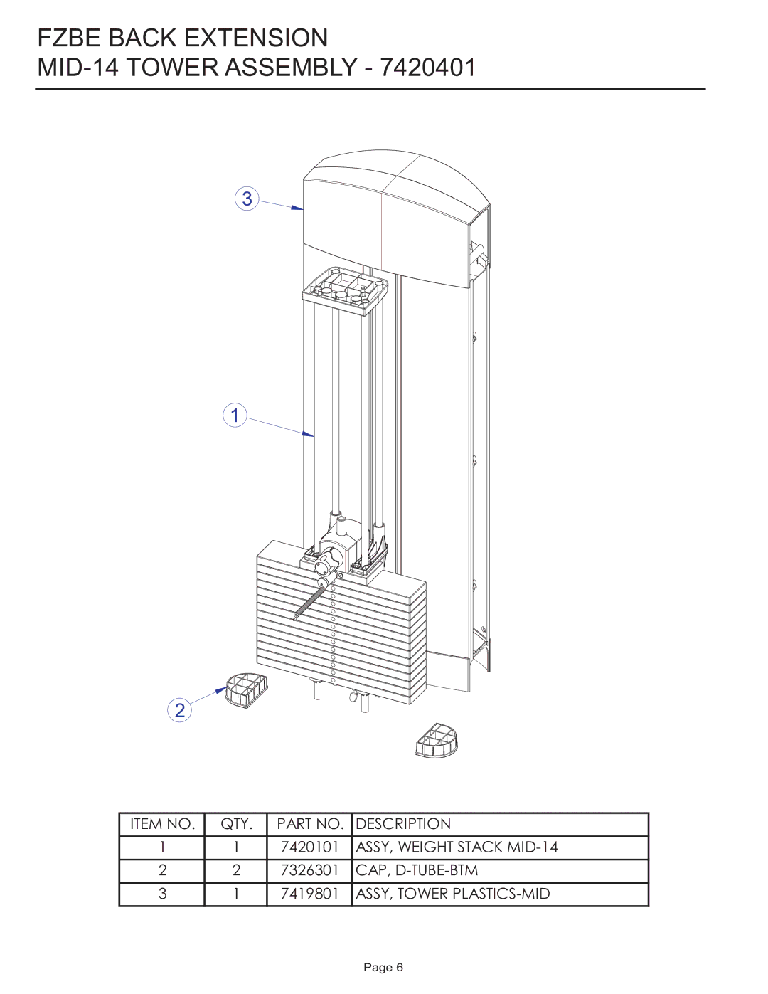 Life Fitness FZBE manual Fzbe Back Extension MID-14 Tower Assembly 