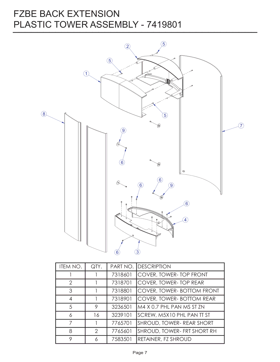 Life Fitness FZBE manual Fzbe Back Extension Plastic Tower Assembly 